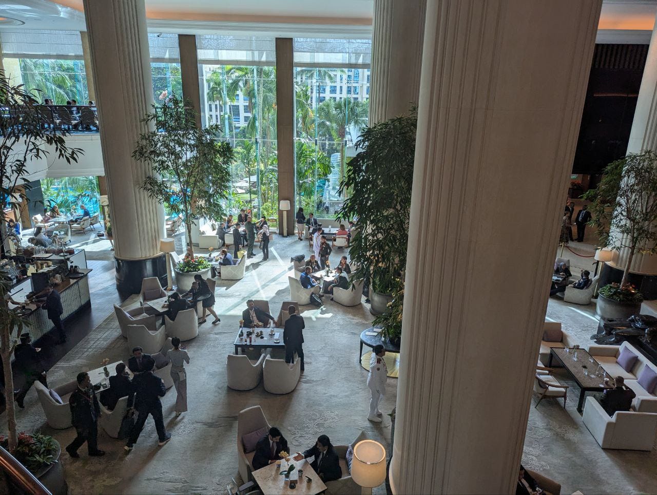 The second-floor view of the Shangri-La hotel lobby.