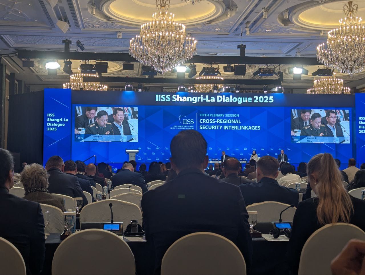 A view from the back of the Shangri La ballroom at a plenary session in the dialogue.