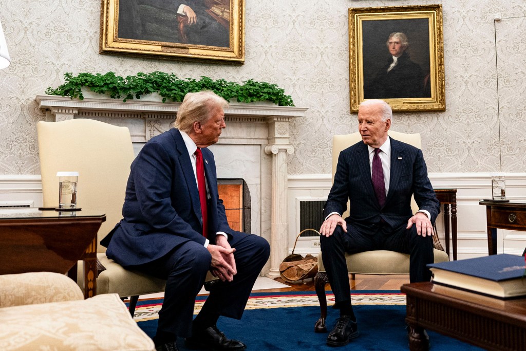 Former President Biden and President Donald Trump during a meeting in the Oval Office of the White House in Washington, DC, US, on Wednesday, Nov. 13, 2024.