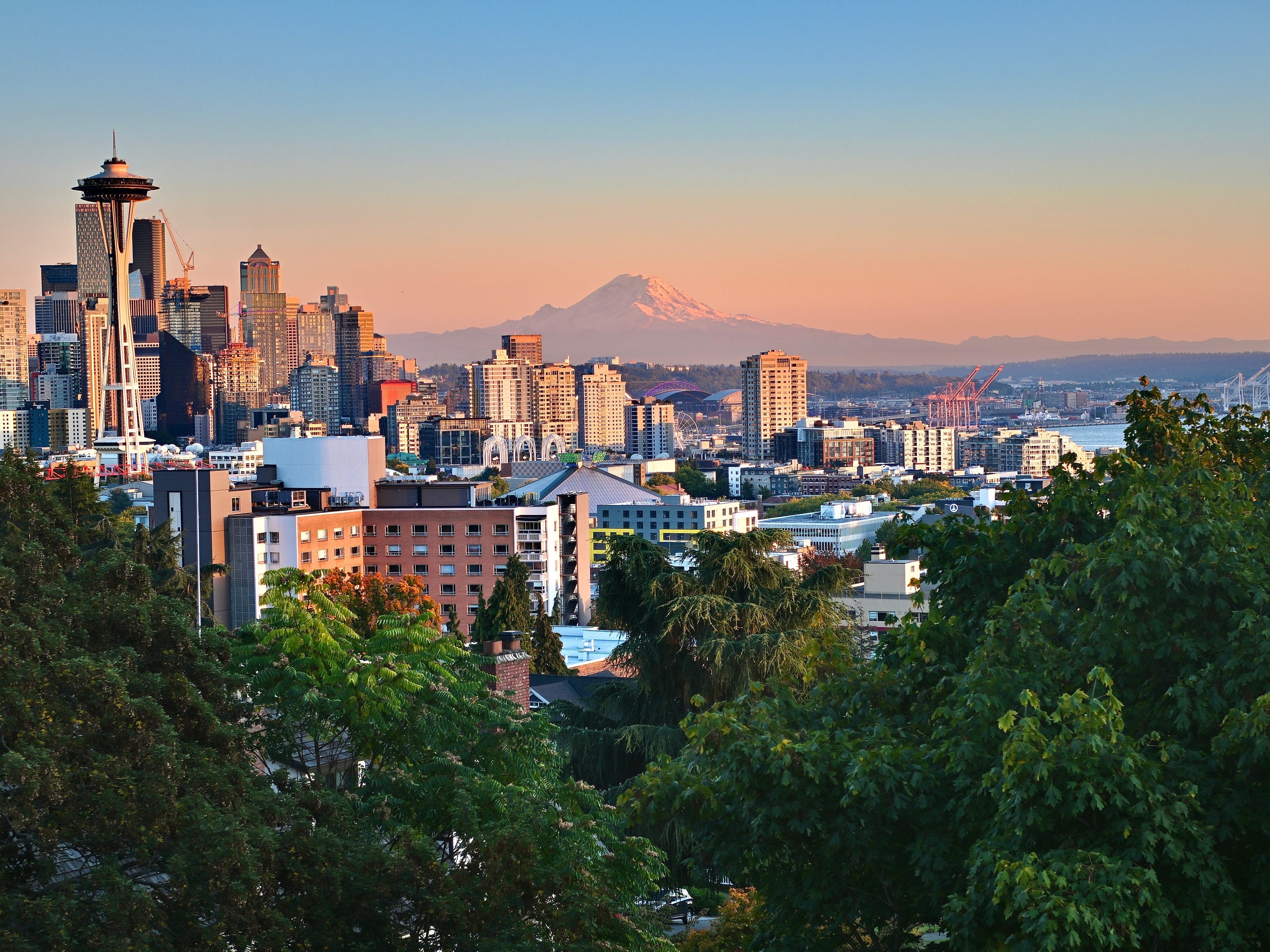 Seattle Skyline with Mount Rainier in the background at sunset