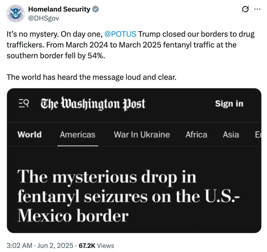 Screenshot of a tweet showing a Washington Post article headline about a drop in fentanyl seizures at the U.S.-Mexico border, juxtaposed with a statement from Homeland Security.