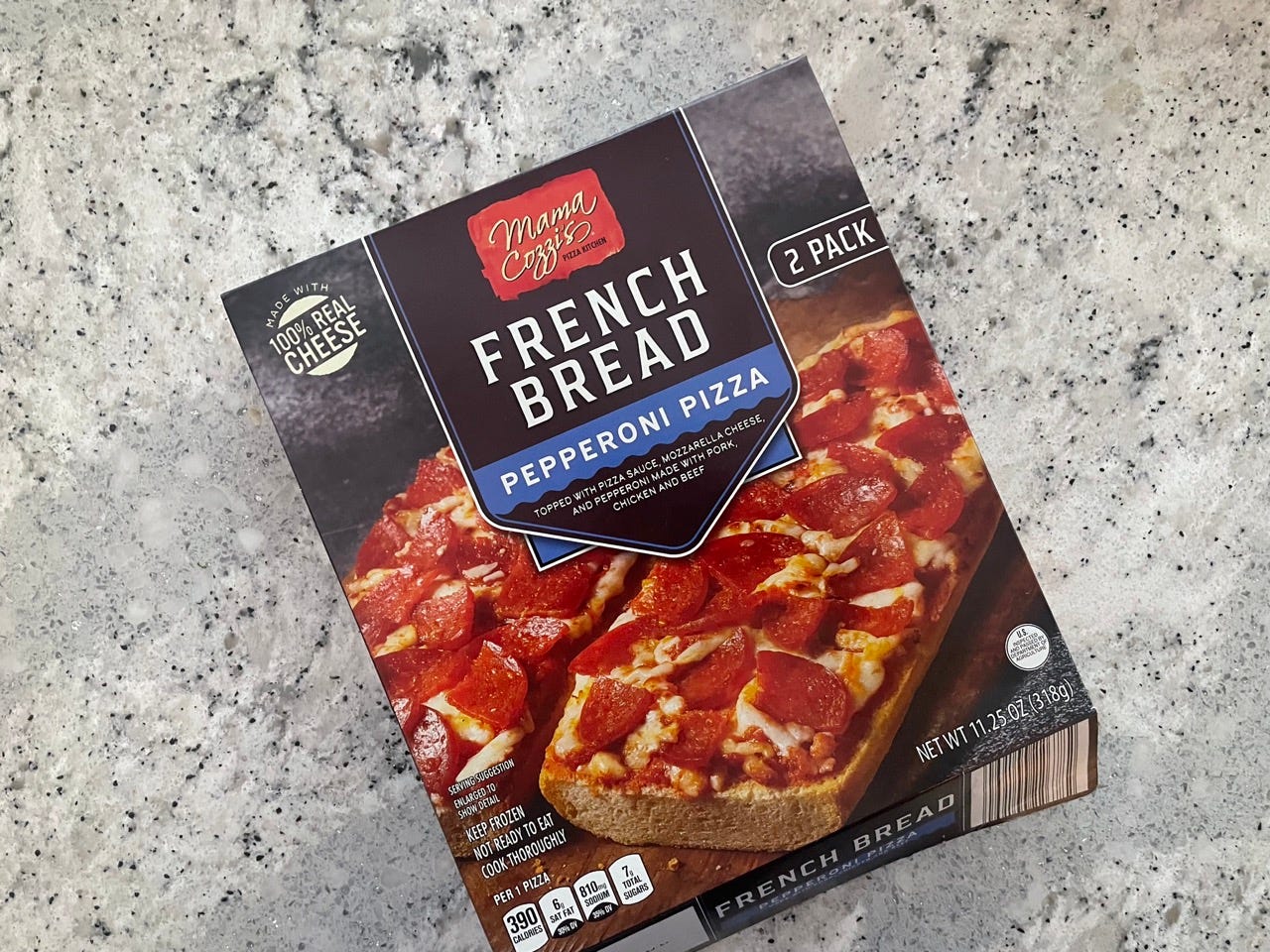 Mama Cozzi's French bread pepperoni pizza box on counter
