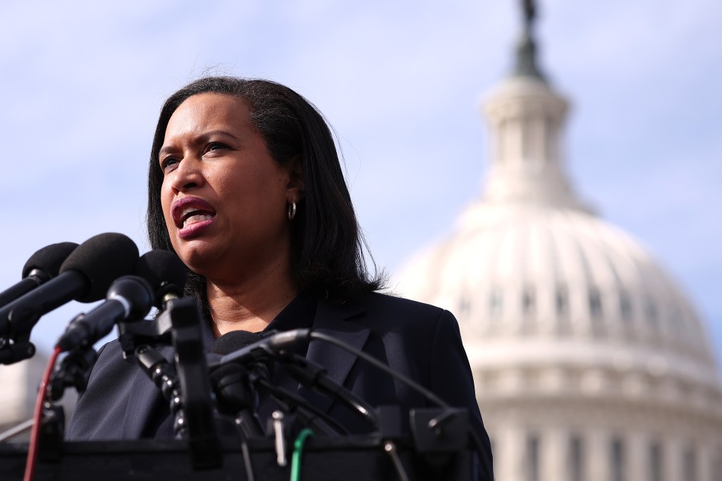 Mayor Muriel Bowser speaking at a press conference outside the U.S. Capitol.