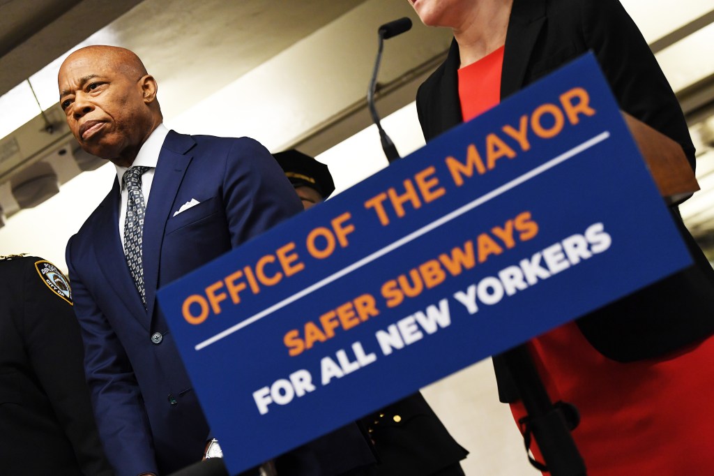 Mayor Eric Adams attends a press conference inside the Herald Square station to discuss subway safety on March 20, 2025.