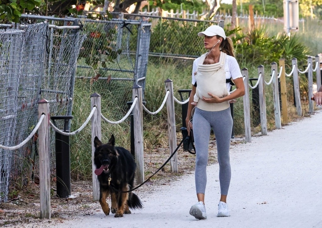 Gisele Bündchen takes a beachside stroll with her baby boy.