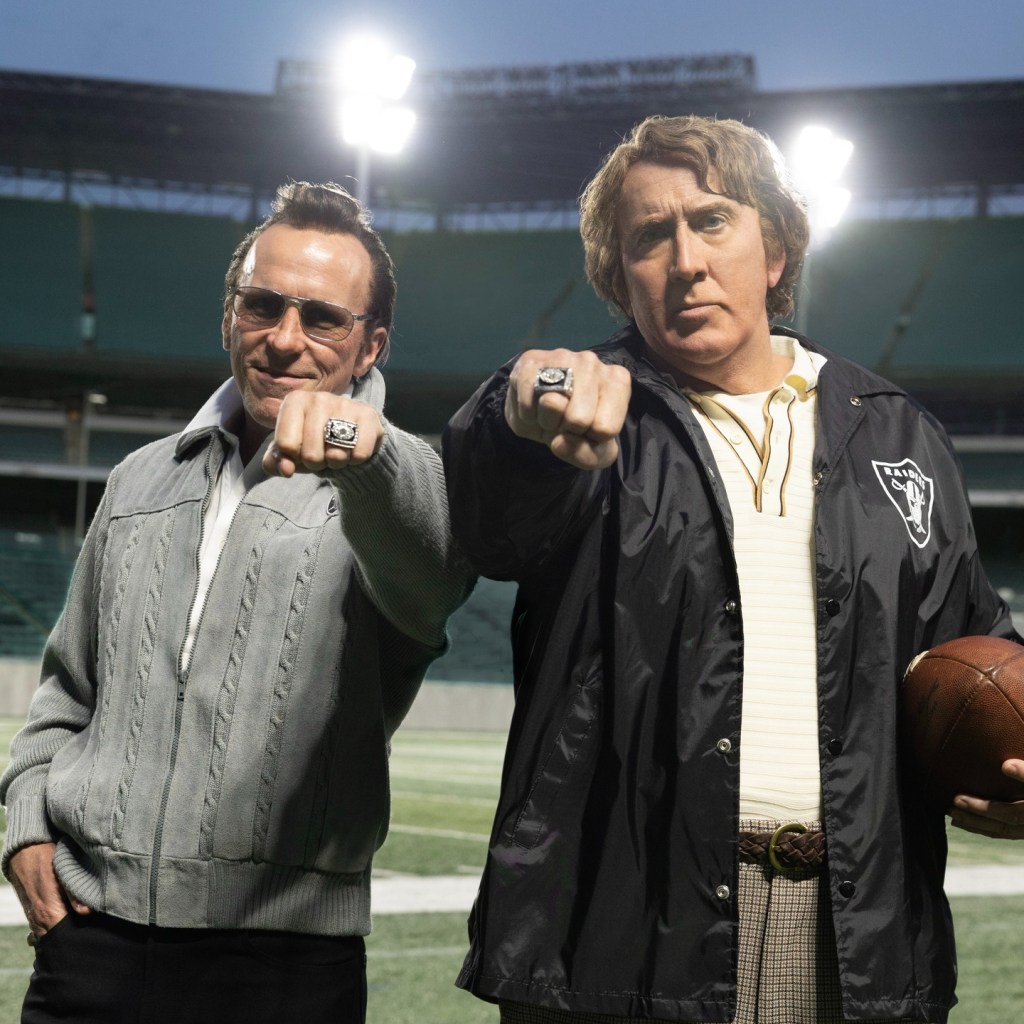 Nicolas Cage as John Madden and Christian Bale as Al Davis on set of the upcoming film, Madden