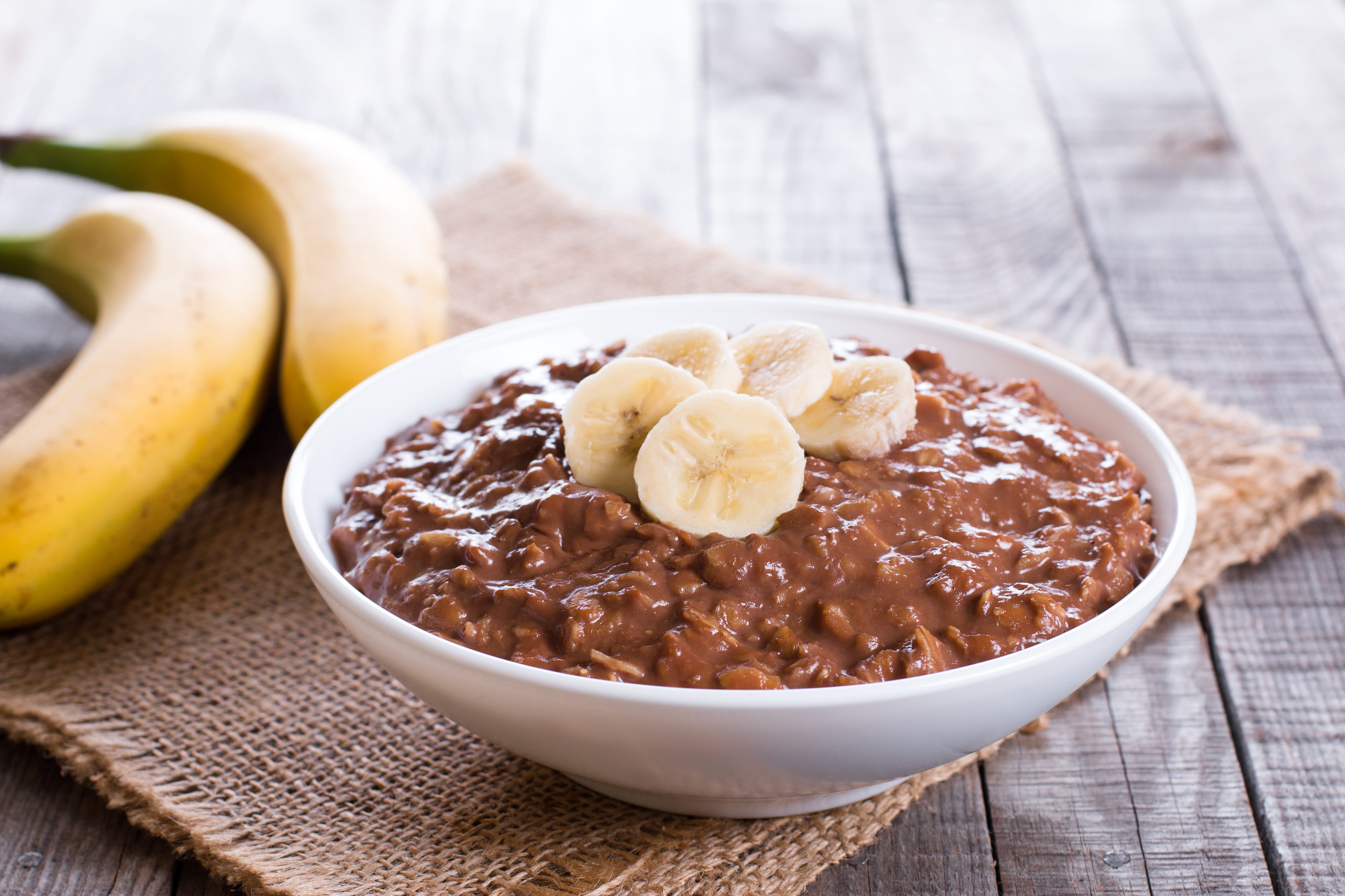 Chocolate and banana oats in a bowl.