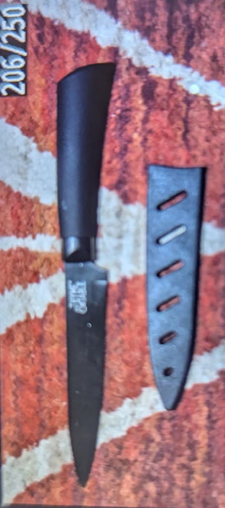 Knife and sheath found in a cabinet.
