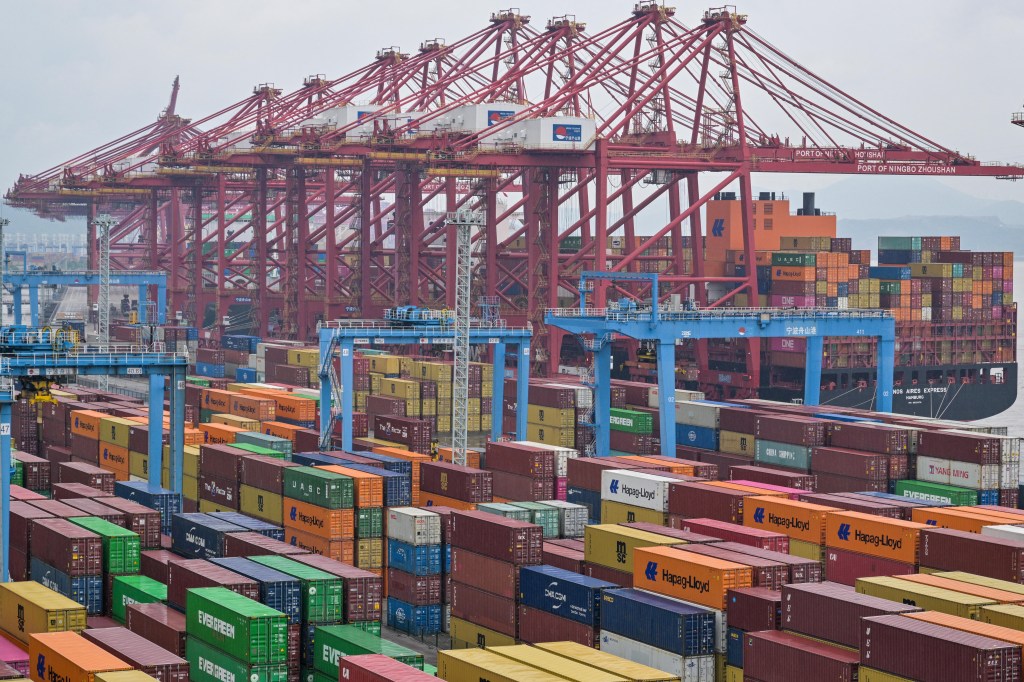 Cargo ship and containers at the Port of Ningbo-Zhoushan.