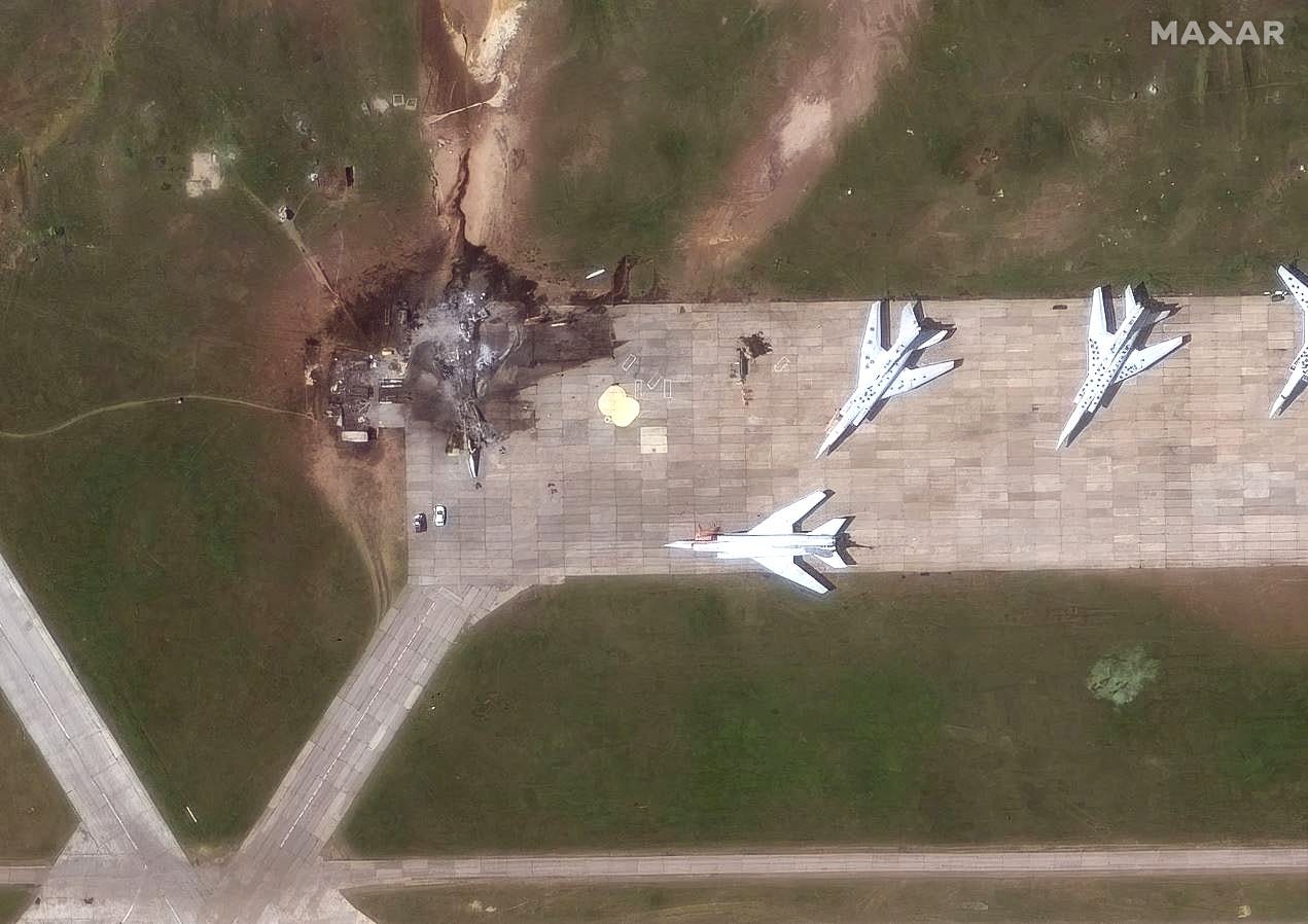 This satellite image shows a destroyed Tu-22 aircraft at Belaya airbase on June 4.