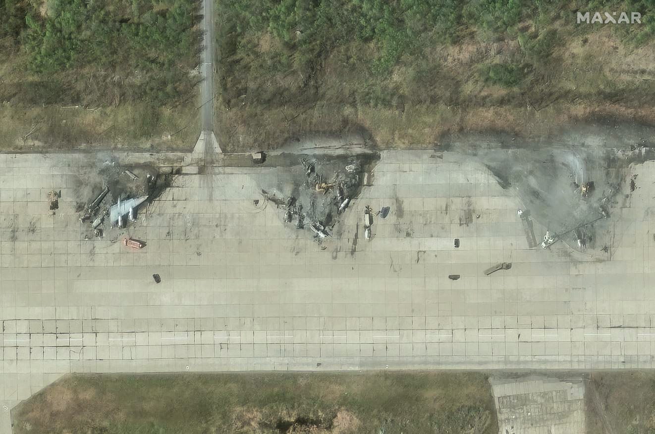 Multiple destroyed aircraft at the Olenya airbase on June 4 in this satellite image.
