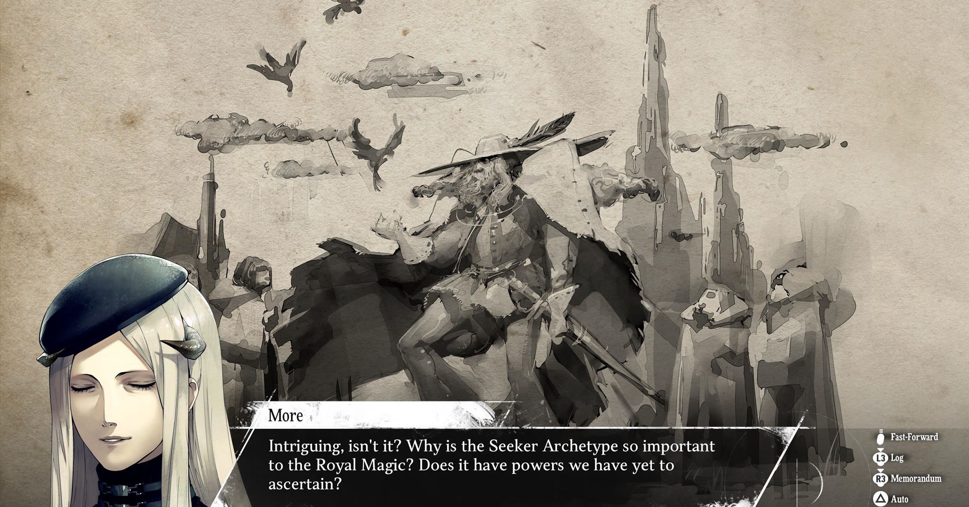 A Metaphor: ReFantazio screenshot showing the imagem of a person wearing a long hat and the character More talking about the Seeker Archetype.