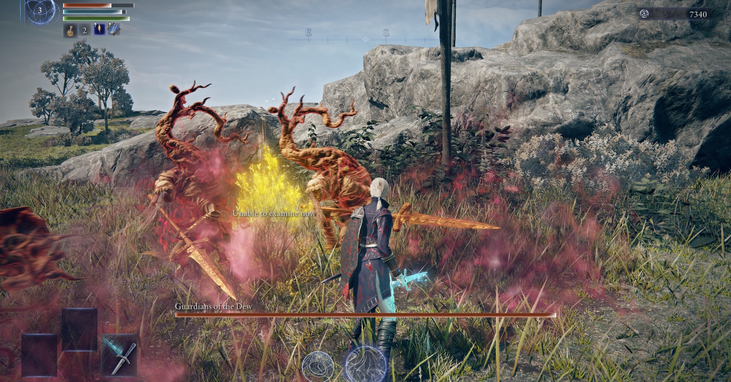 The Duchess battling three Guardians of the Dew in Elden Ring Nightreign