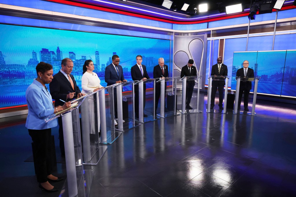The nine NYC Democratic mayoral candidates Adrienne Adams, Brad Lander, Jessica Ramos, Zellnor Myrie, Andrew Cuomo, Whitney Tilson, Zohran Mamdani, Michael Blake and Scott Stringer.