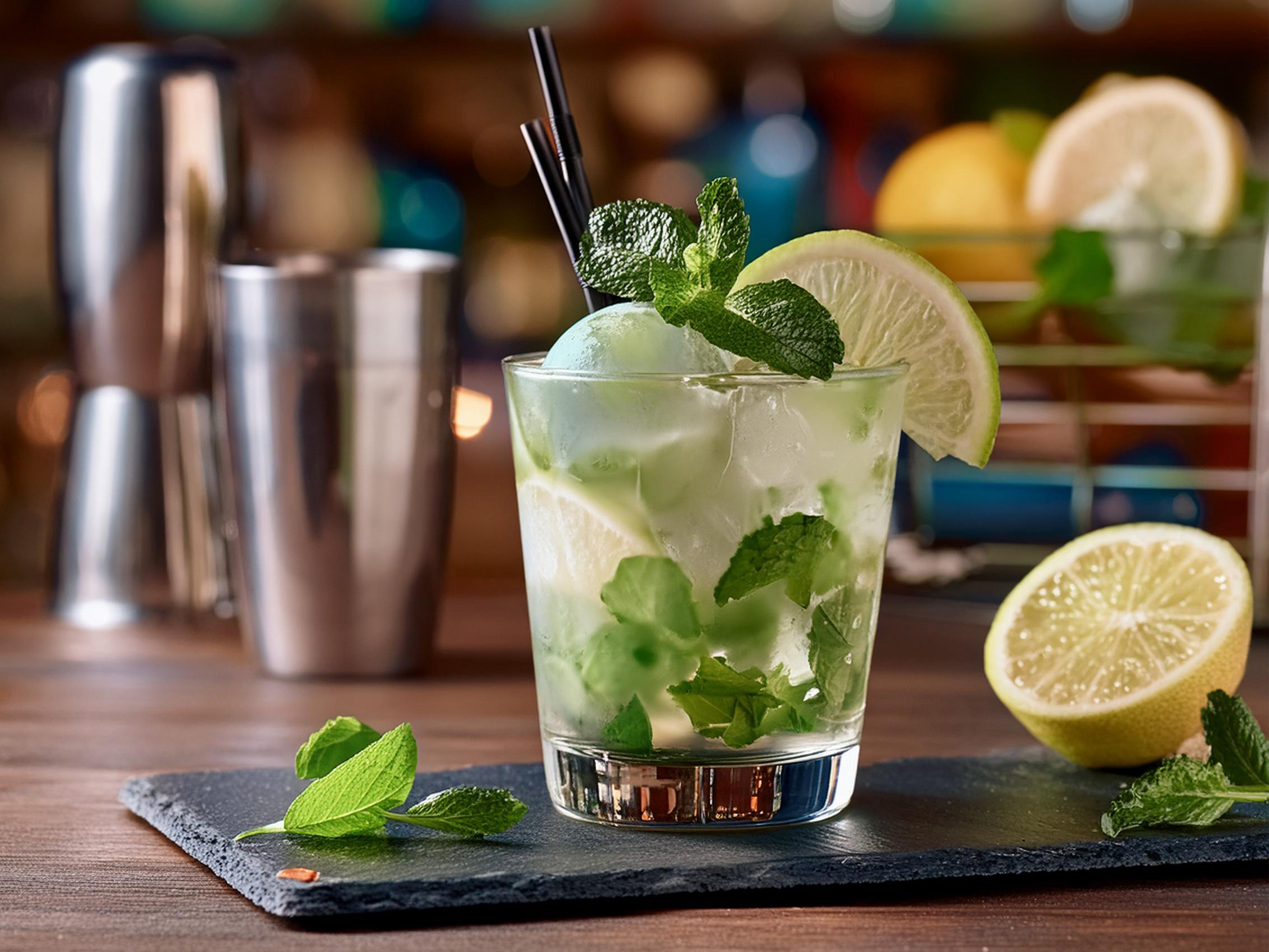 A mojito garnished with mint and lime on a bar.
