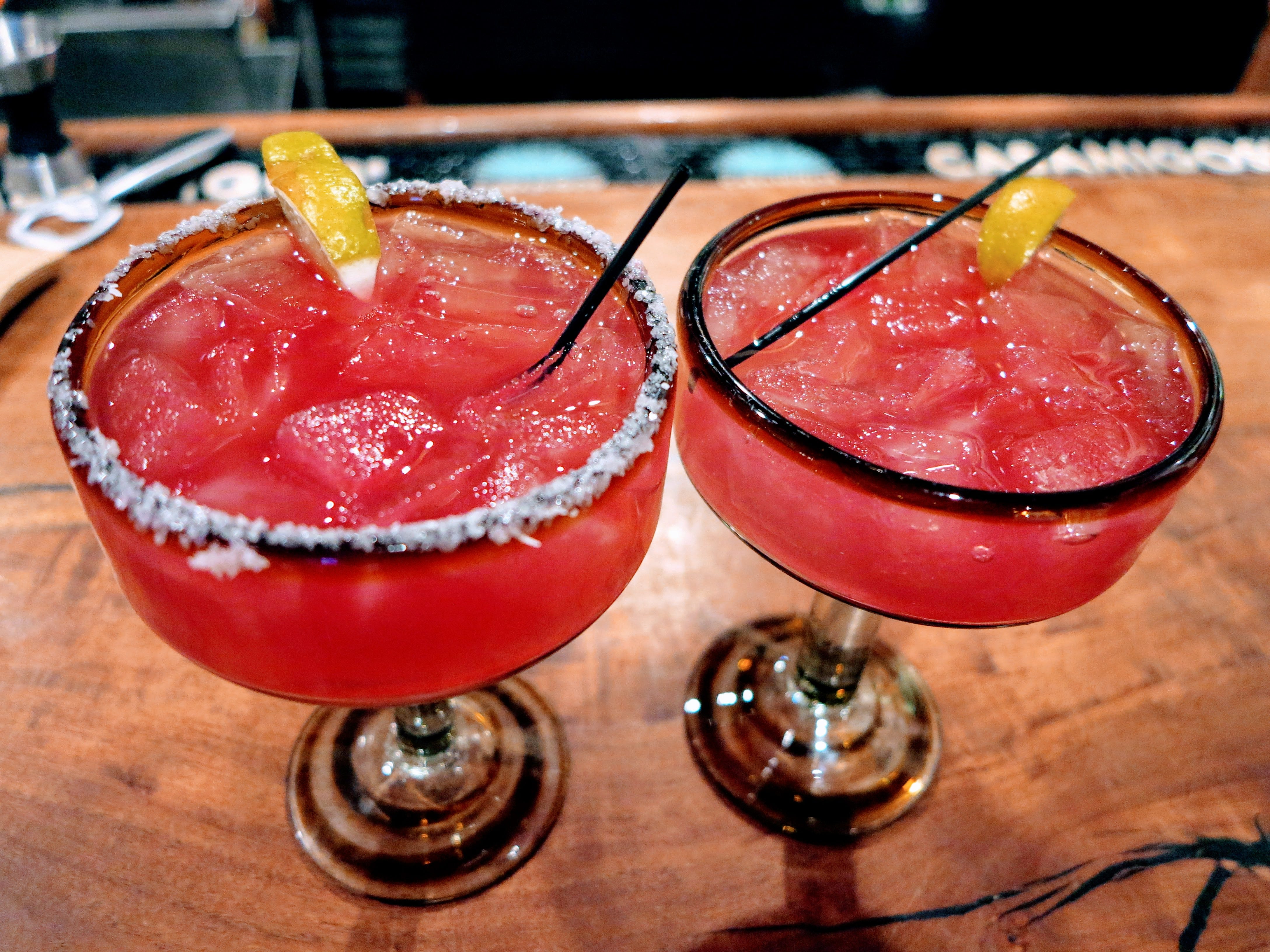 Two pink prickly pear margaritas.
