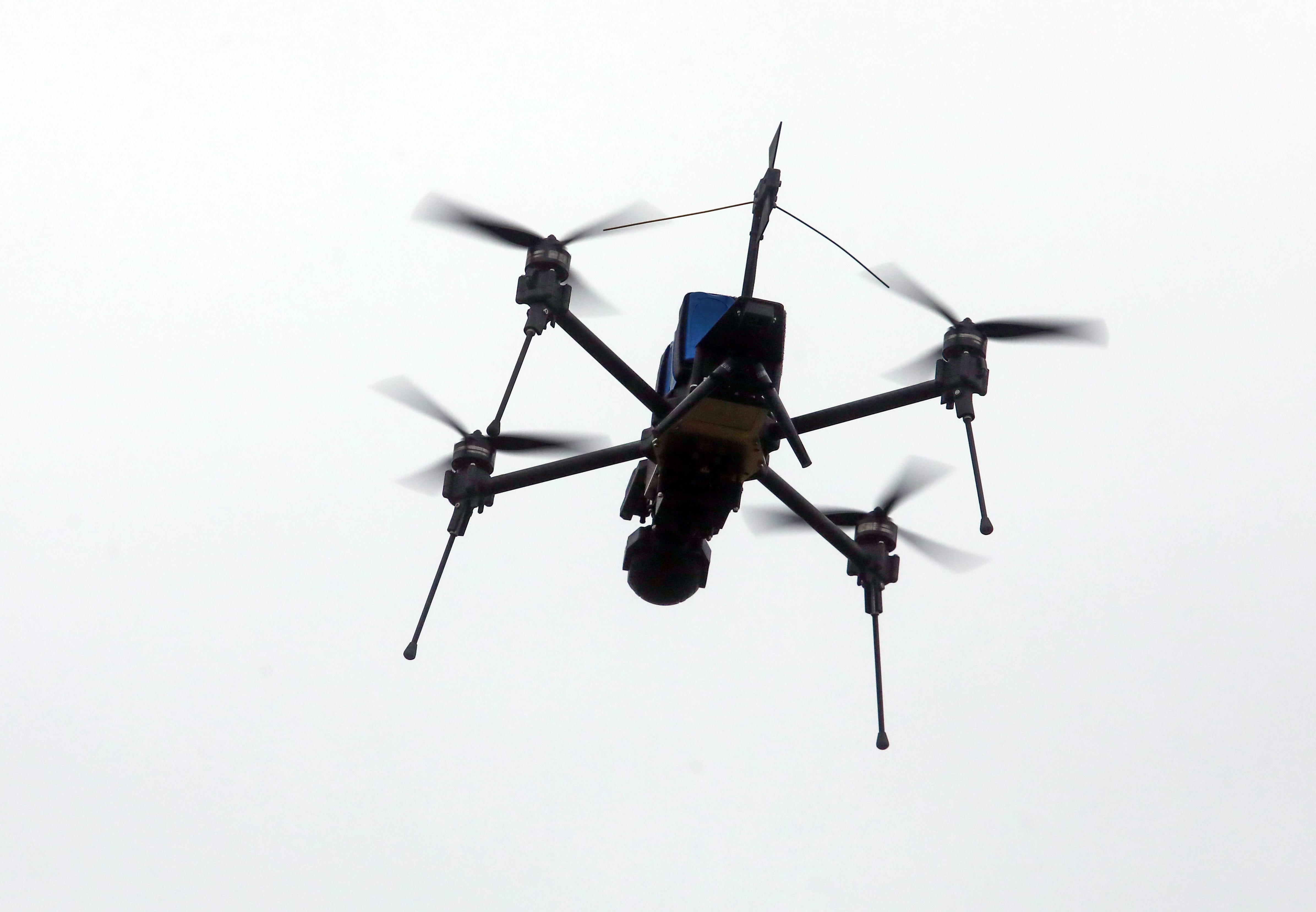 The Shmavik multirotor UAV, a Ukrainian analog of the Chinese DJI Mavic quadcopter popular among the military, flies during the presentation organized by the Ministry of Strategic Industries of Ukraine, Kyiv region, north-central Ukraine.