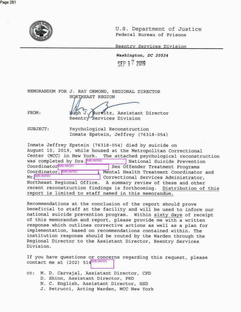 Page from a Bureau of Prisons document regarding the psychological reconstruction of Jeffrey Epstein's suicide.