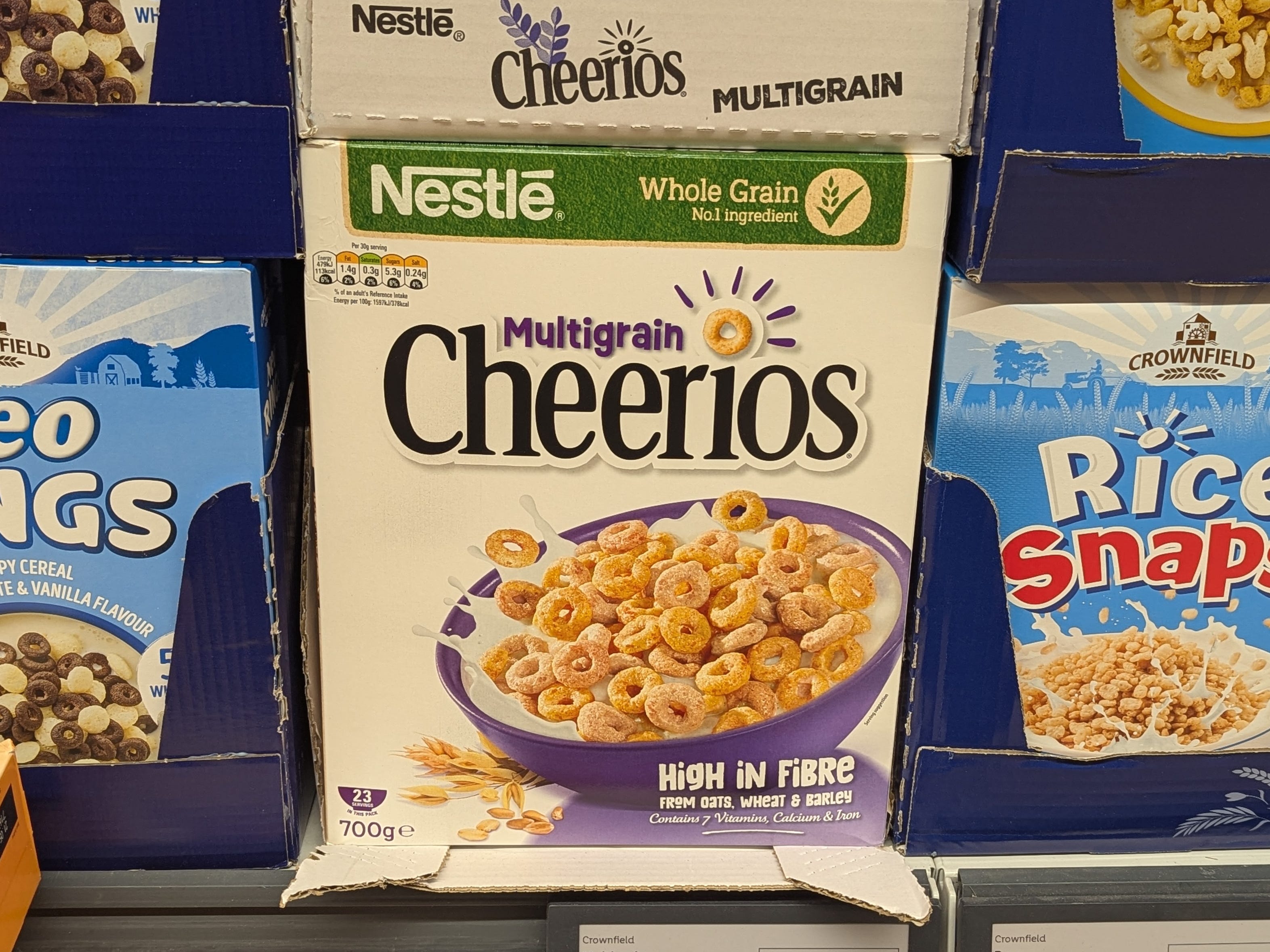 A box of multigrain Cheerios made by Nestlē in the UK.