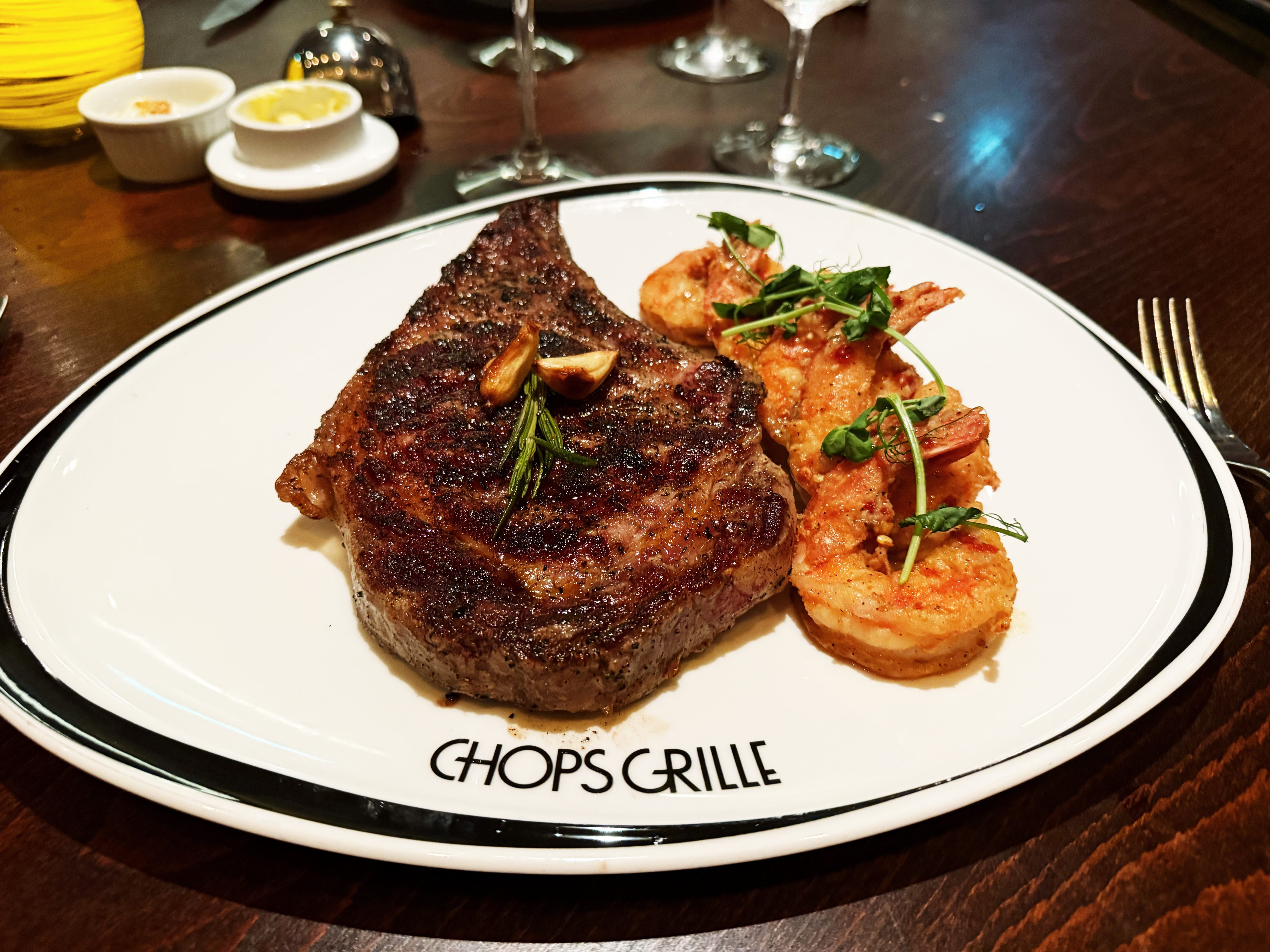 Steak and shrimp on CHOPS Grill plate