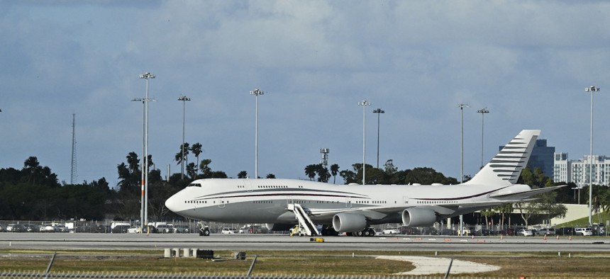 A Qatari Boeing 747 sits on the tarmac of Palm Beach International airport after U.S. President Donald Trump toured the aircraft on February 15, 2025. The Pentagon later accepted the jet to use as an Air Force One.