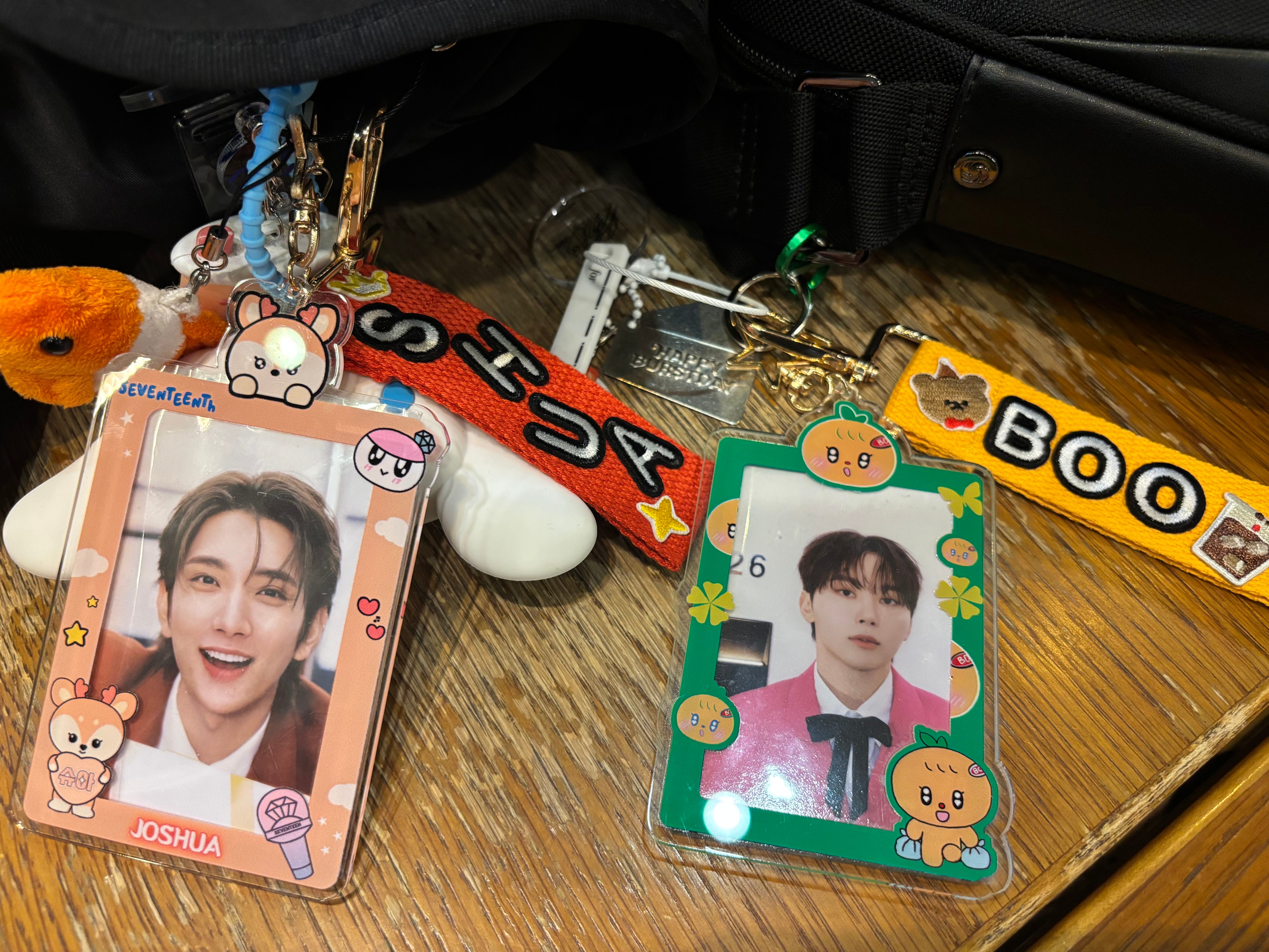 An image of the author and her friend's photocards in toploaders.