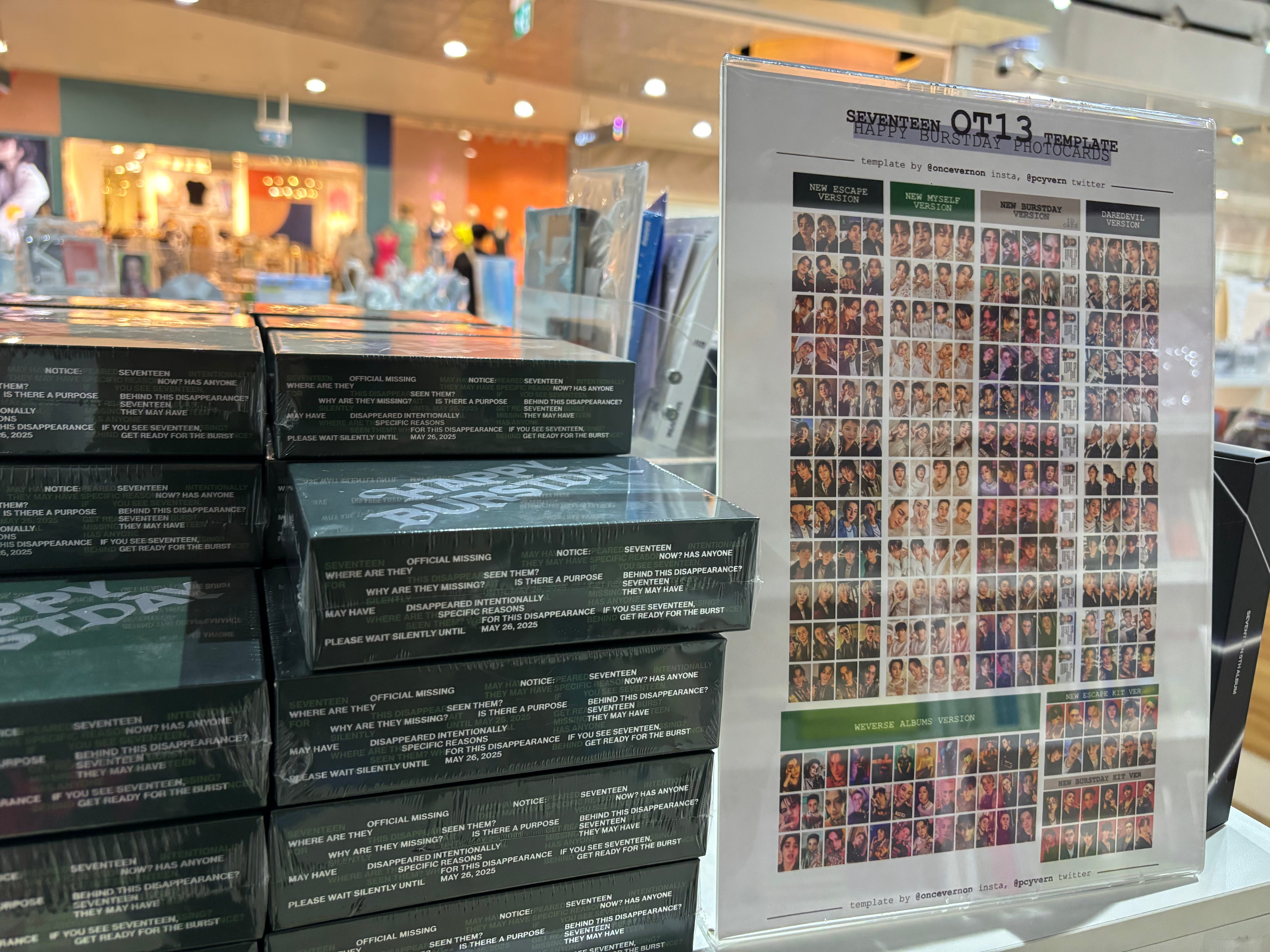 A stack of Seventeen albums at a local K-Pop store in Singapore, next to an A4 sign showing all the photocards you can obtain from each album.