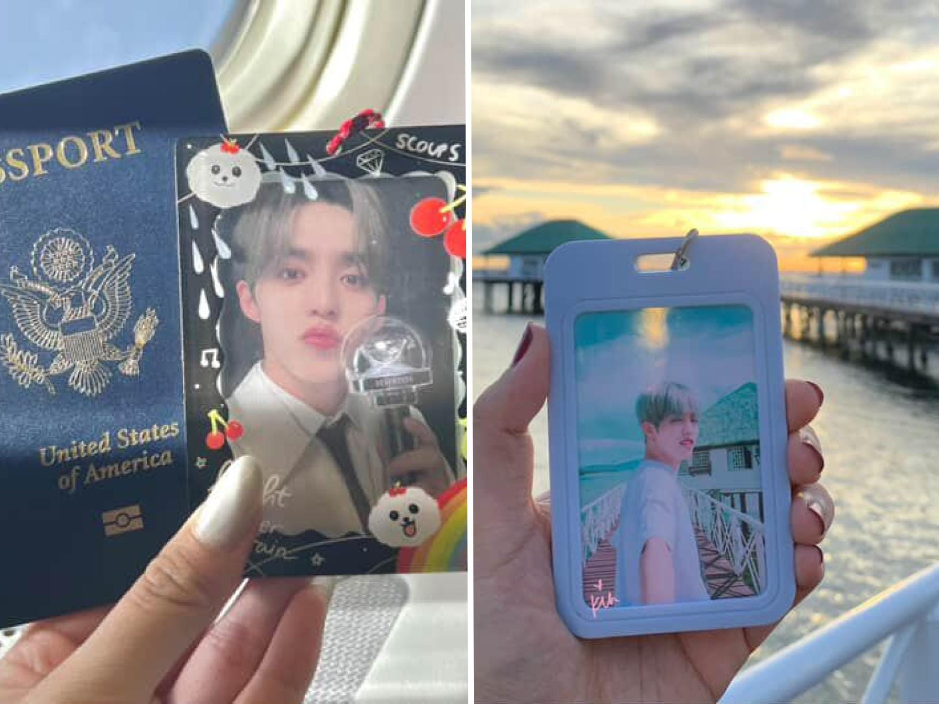 A composite image of Ko and Pastoral's photocards on plane rides and by the sea.