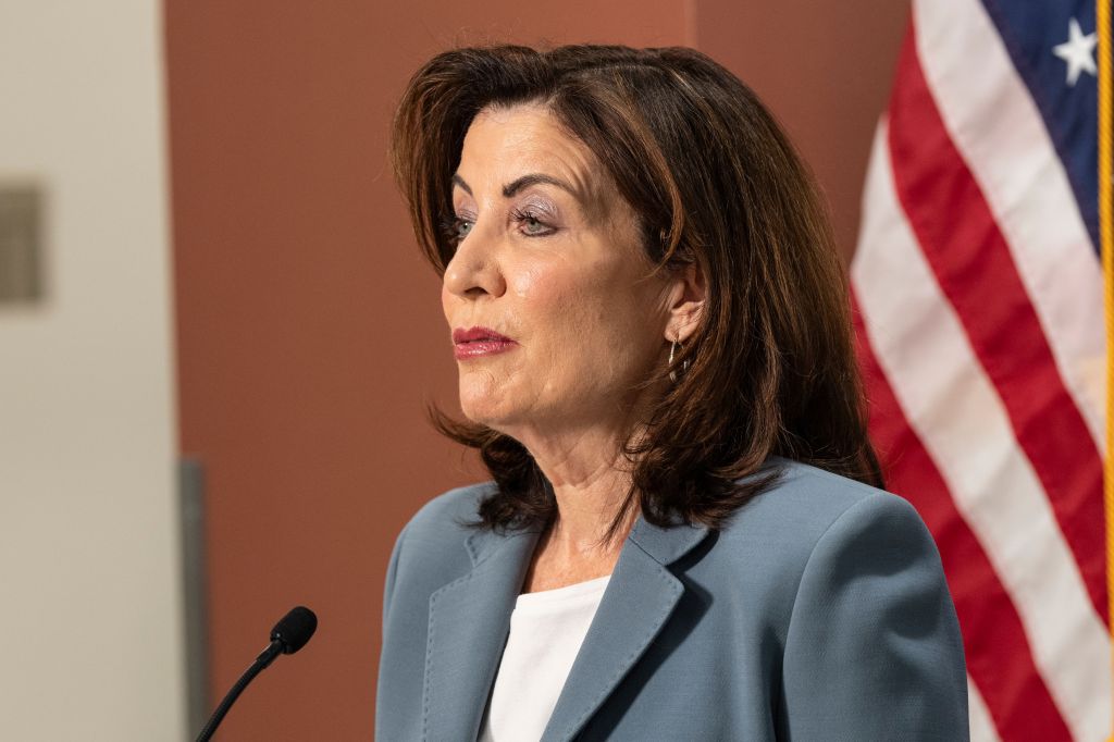 Governor Kathy Hochul speaks to the press after joint press event with House Democratic Leader Hakeem Jeffries at One Brooklyn Hospital Interfaith Medical Center in New York on June 1, 2025.