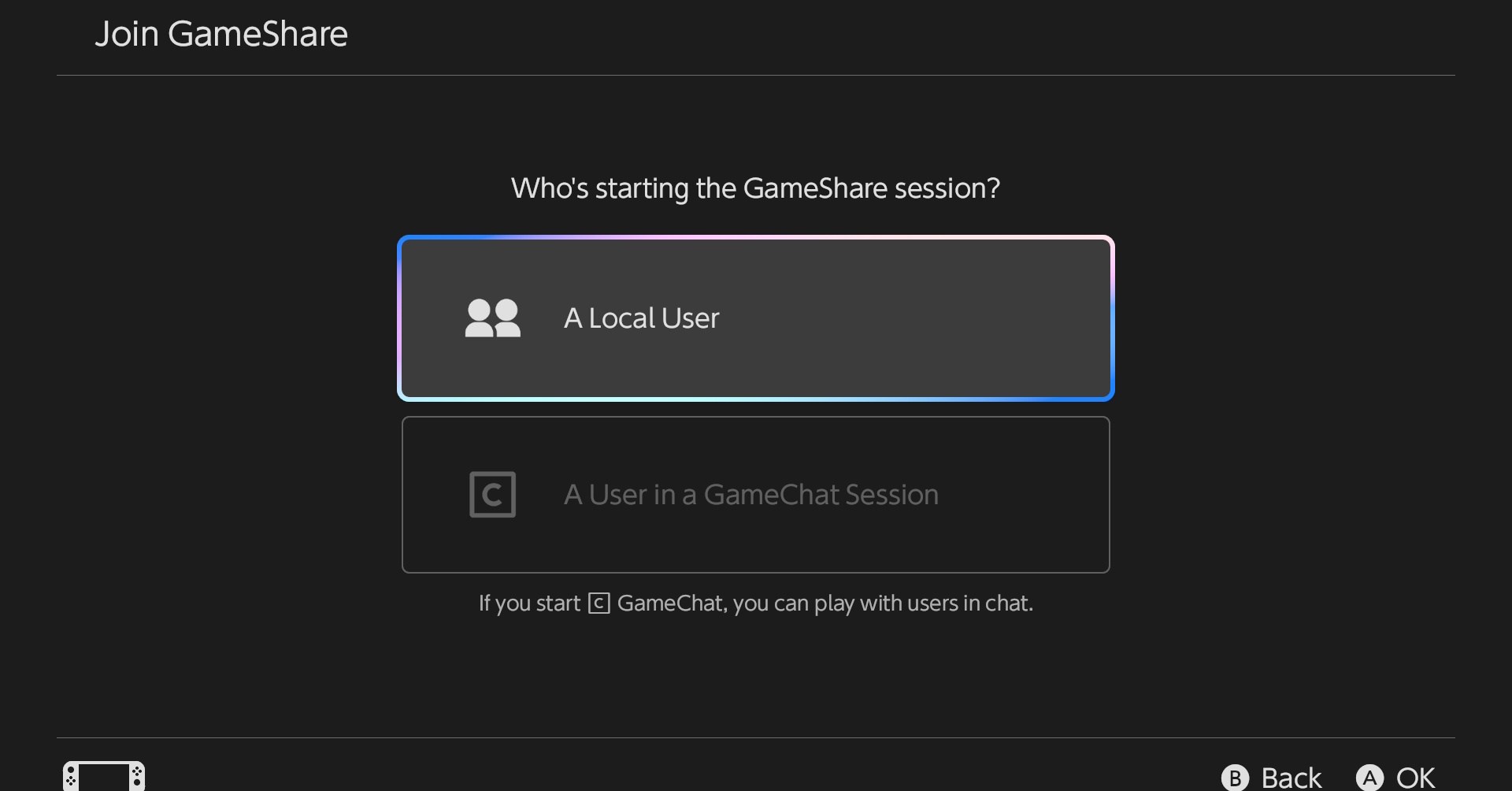 The initial GameShare menu, where the host chooses what type of session to create