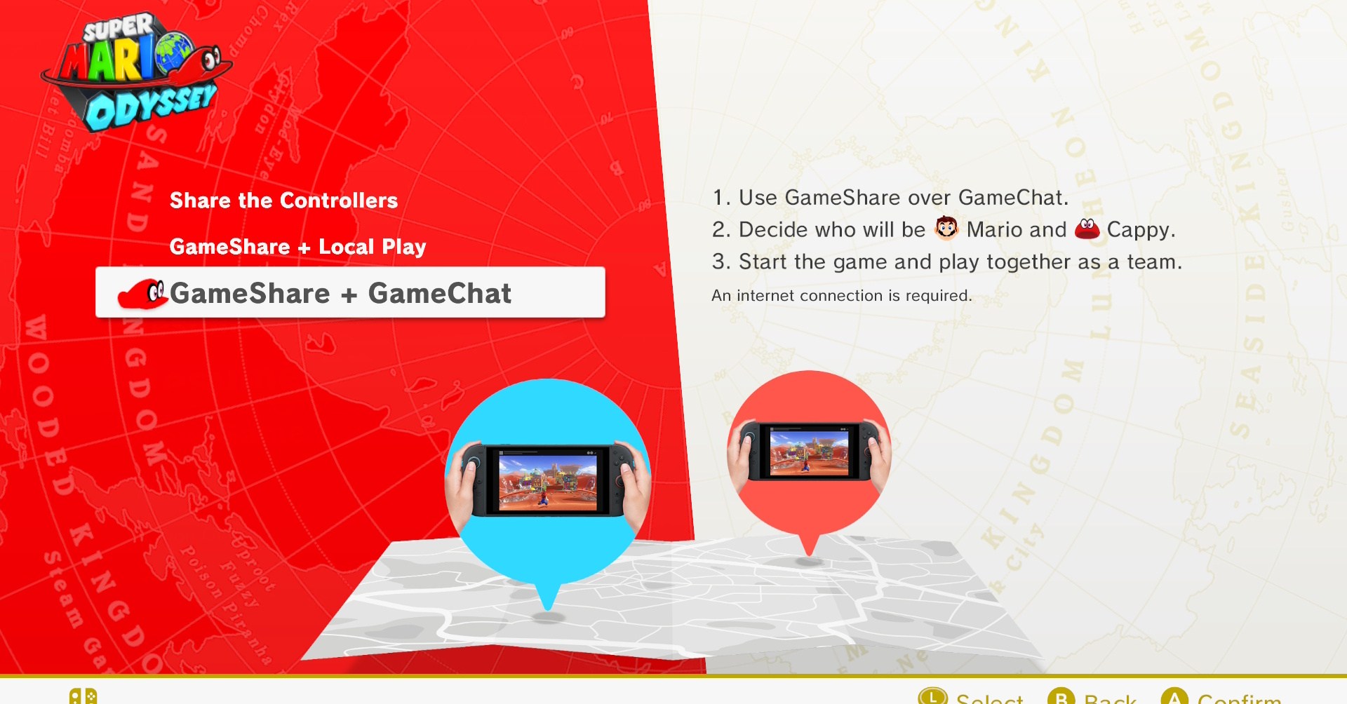 Super Mario Odyssey’s multiplayer menu with the GameChat option highlighted