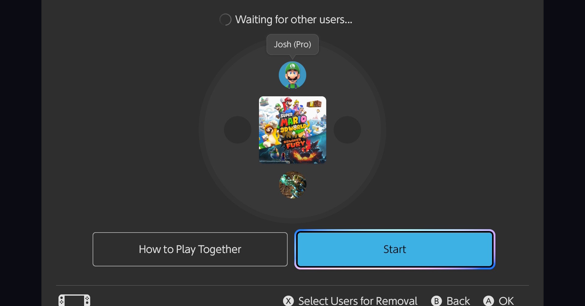 A GameShare menu where the host is confirming who will join Super Mario 3D World