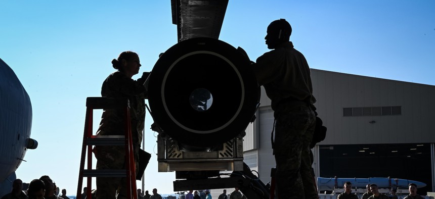 In this 2022 photo, airmen secure the Air-Launched Rapid Response Weapon to the B-52H Stratofortress ejector rack at Barksdale Air Force Base, Louisiana.