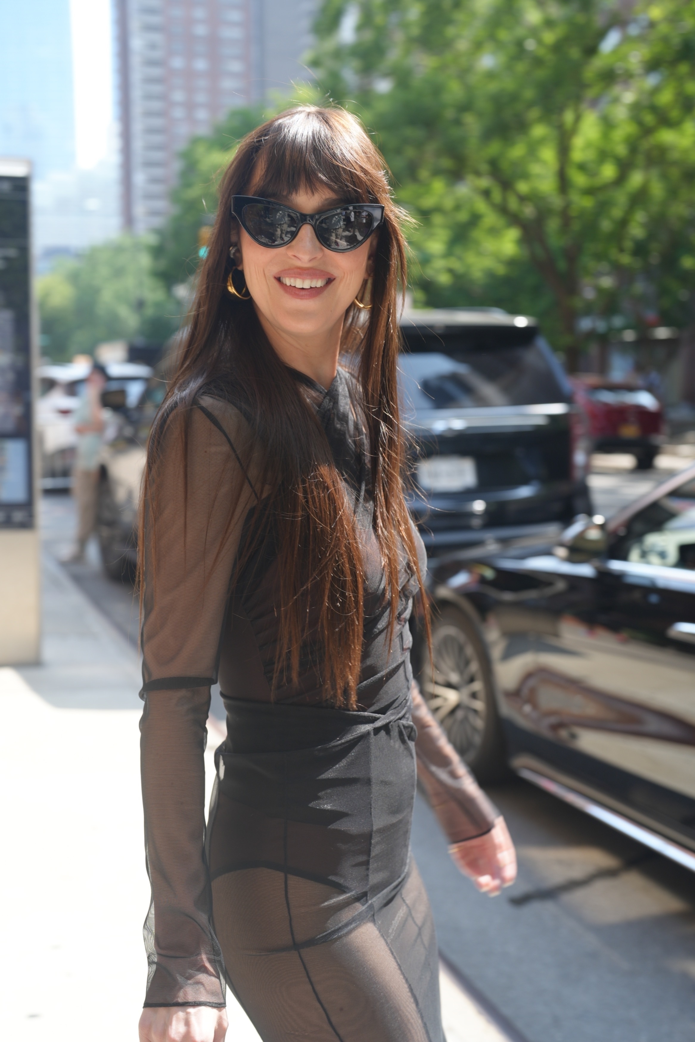 Dakota Johnson smiles in a sheer black dress. 