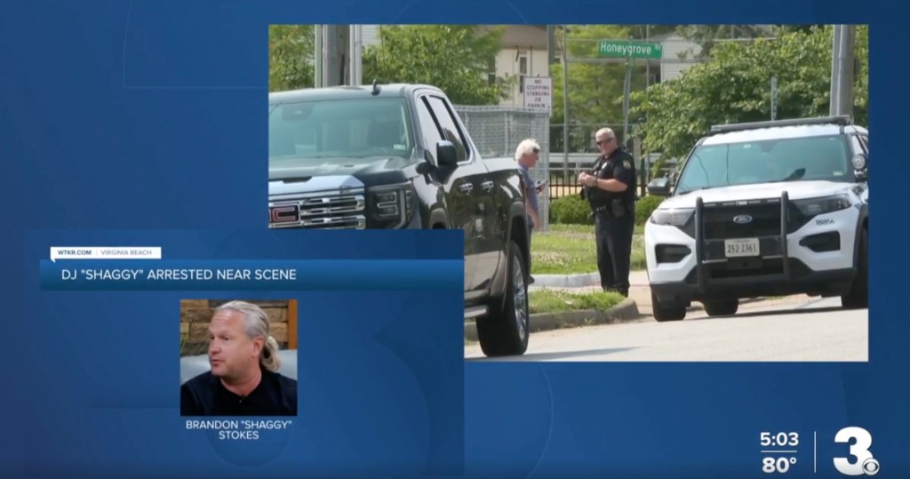 News report on DJ Shaggy's DUI arrest near a police shooting scene.