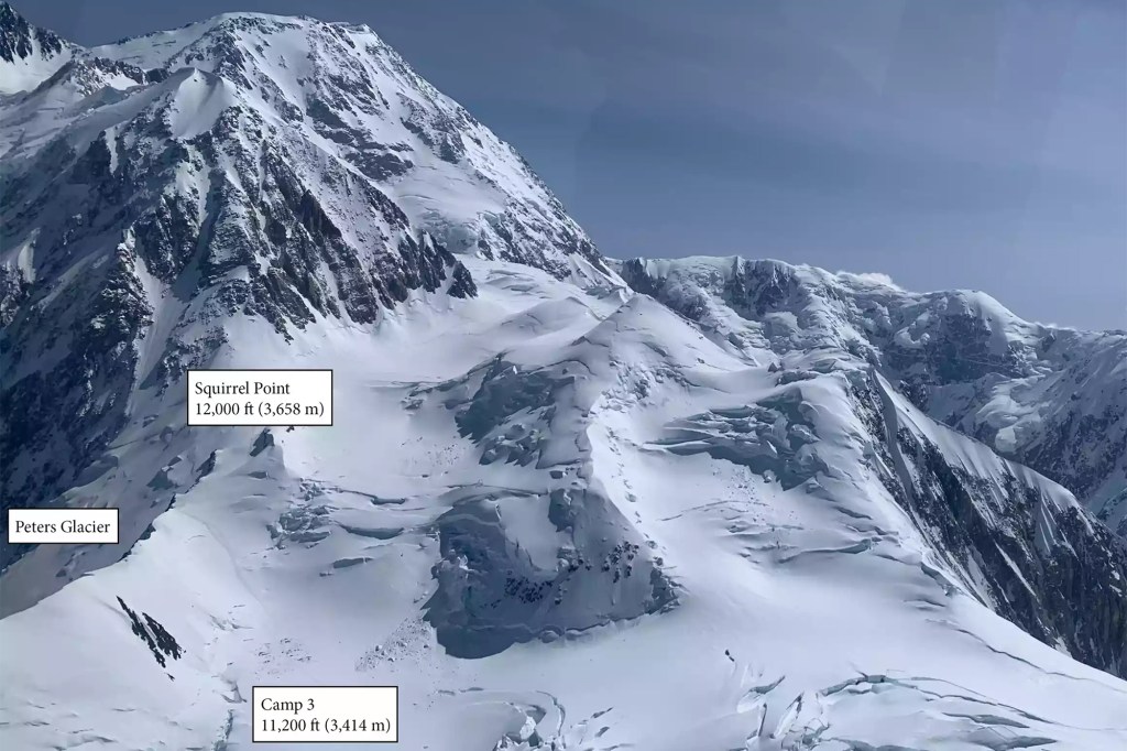 Aerial view of Mt. McKinley showing Squirrel Point (12,000 ft) and Camp 3 (11,200 ft) locations.