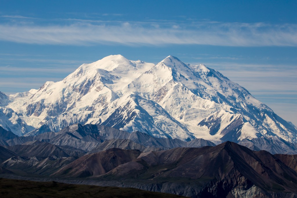 Denali mountain viewed from a visitor center in Alaska.