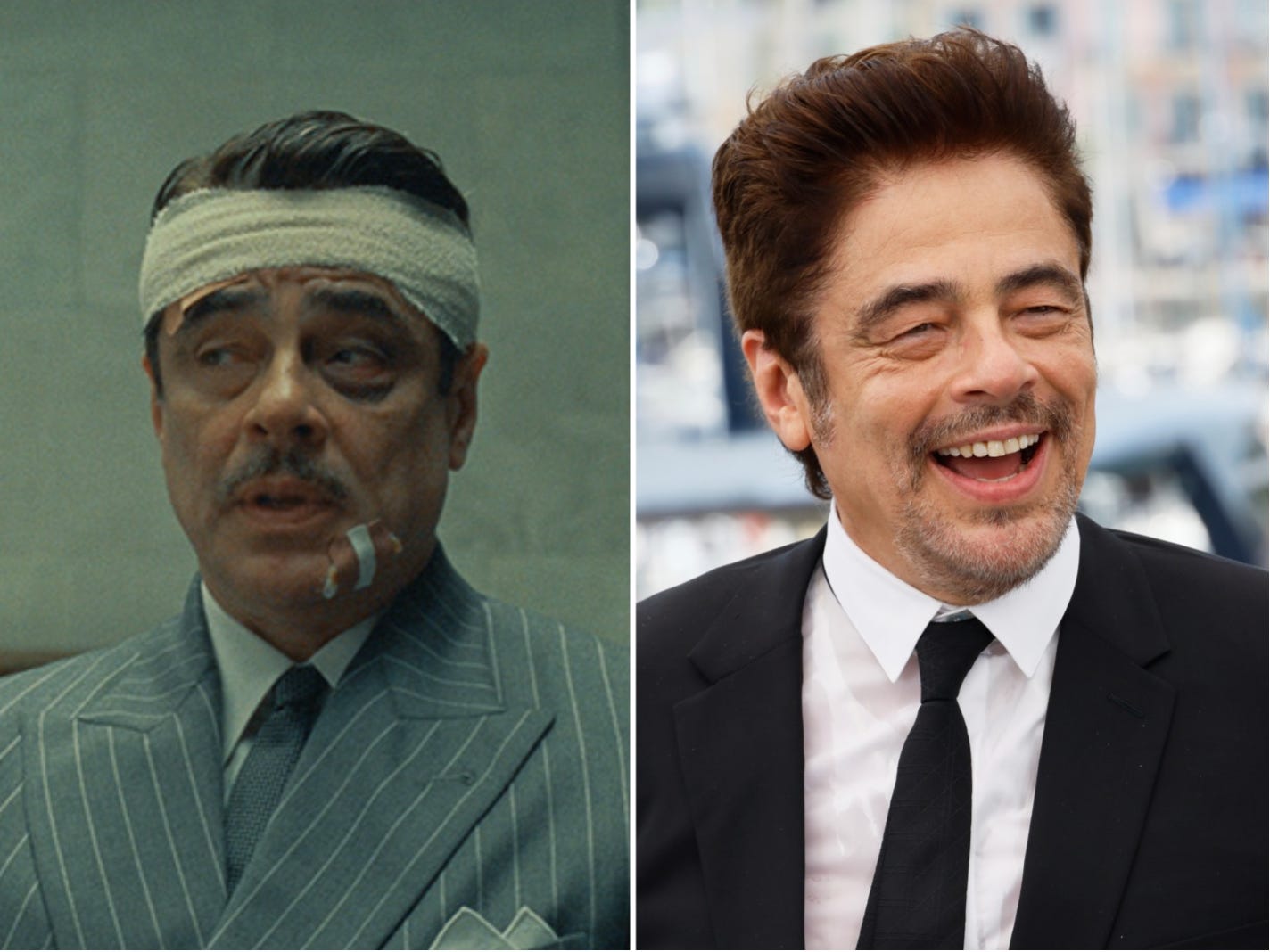 A composite image showing Benicio Del Toro in "The Phoenician Scheme" side-by-side with a picture of him in real life.