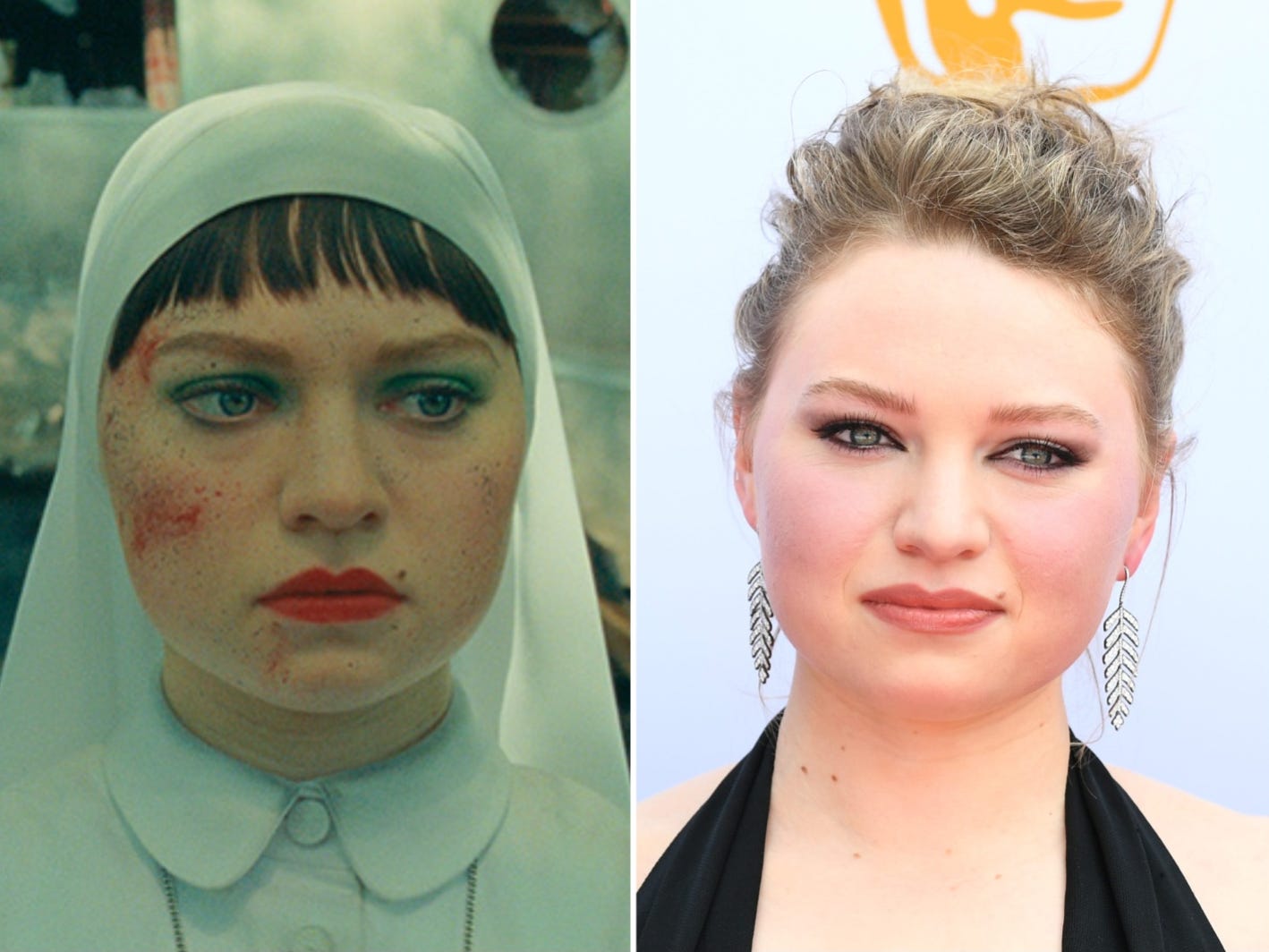 A composite image showing Mia Threapleton in "The Phoenician Scheme" side-by-side with a picture of her in real life.