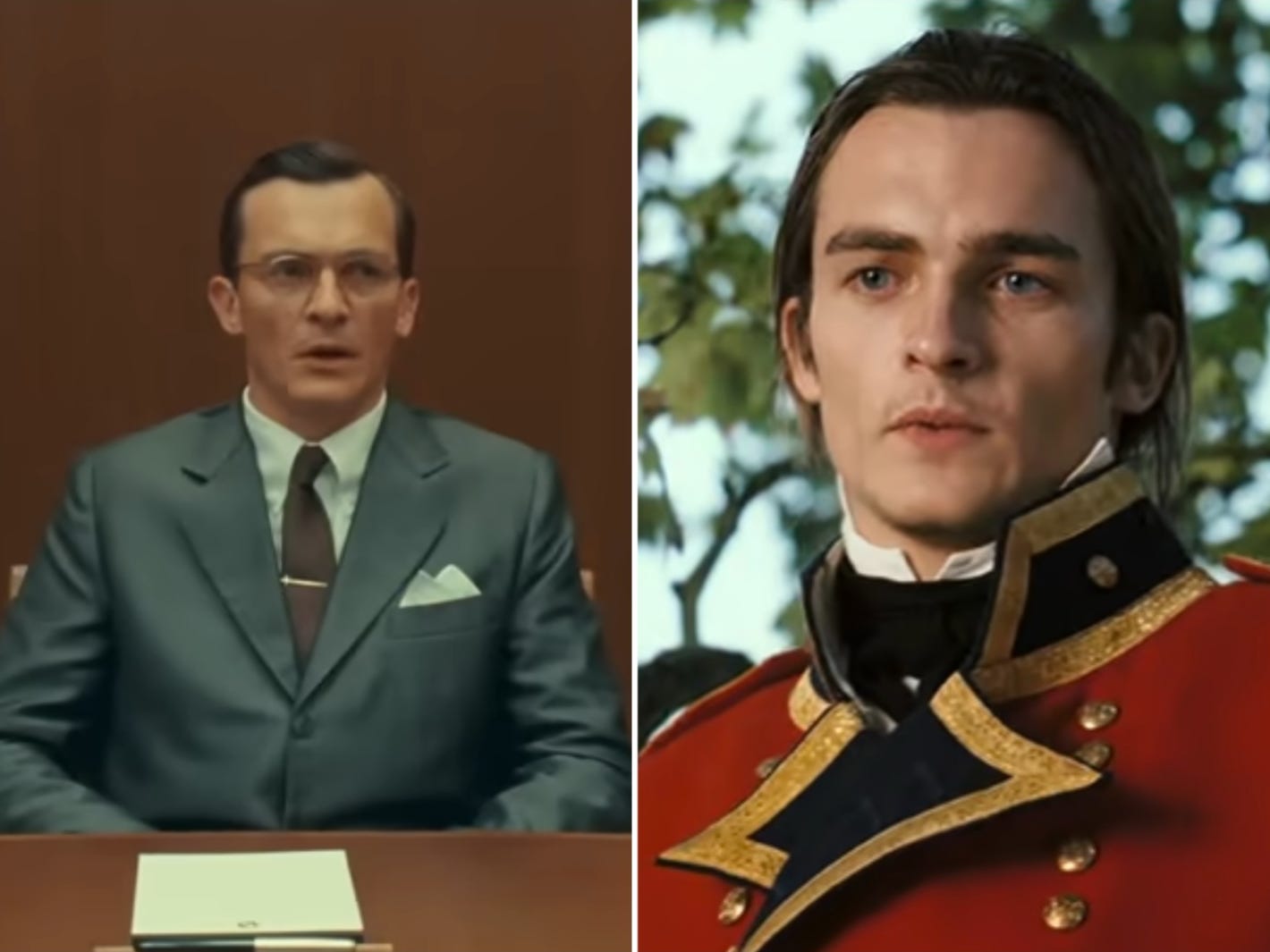 A composite image showing Rupert Friend in "The Phoenician Scheme" side-by-side with a picture of him in "Pride & Prejudice."