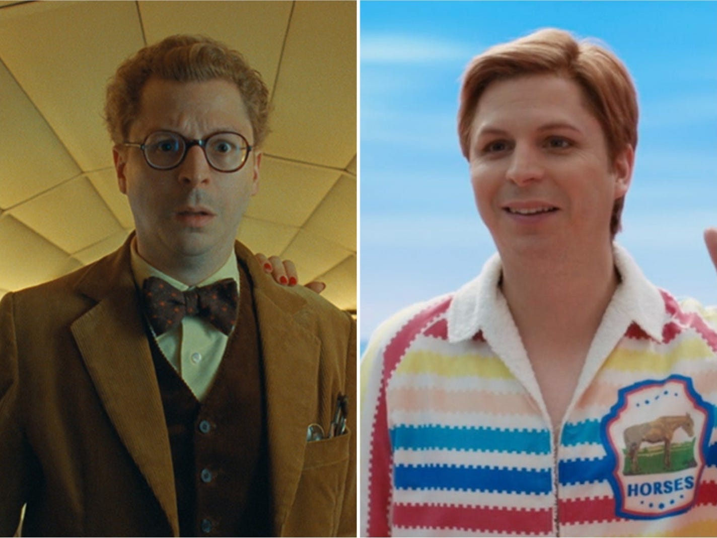 A composite image showing Michael Cera in "The Phoenician Scheme" side-by-side with a picture of him in "Barbie."