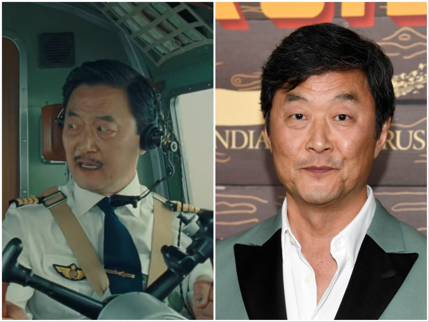 A composite image showing Steve Park in "The Phoenician Scheme" side-by-side with a picture of him in real life.