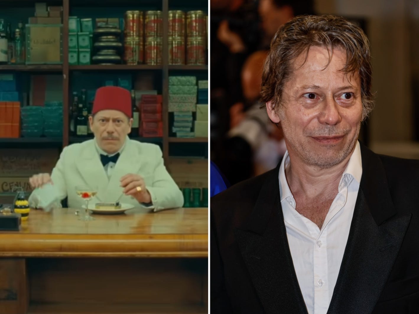 A composite image showing Mathieu Amalric in "The Phoenician Scheme" side-by-side with a picture of him in real life.