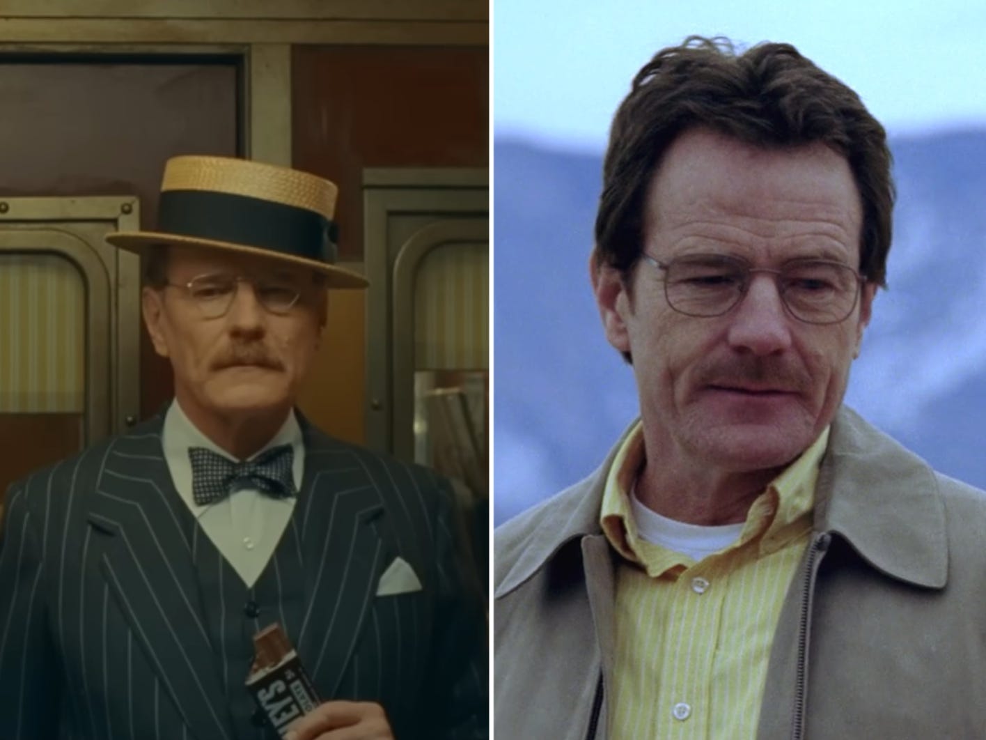 A composite image showing Bryan Cranston in "The Phoenician Scheme" side-by-side with a picture of him in "Breaking Bad."