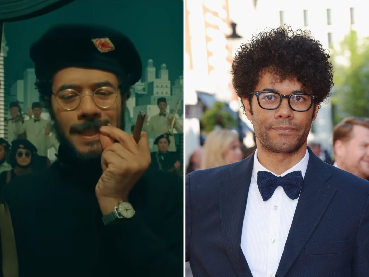 A composite image showing Richard Ayoade in "The Phoenician Scheme" side-by-side with a picture of him in real life.