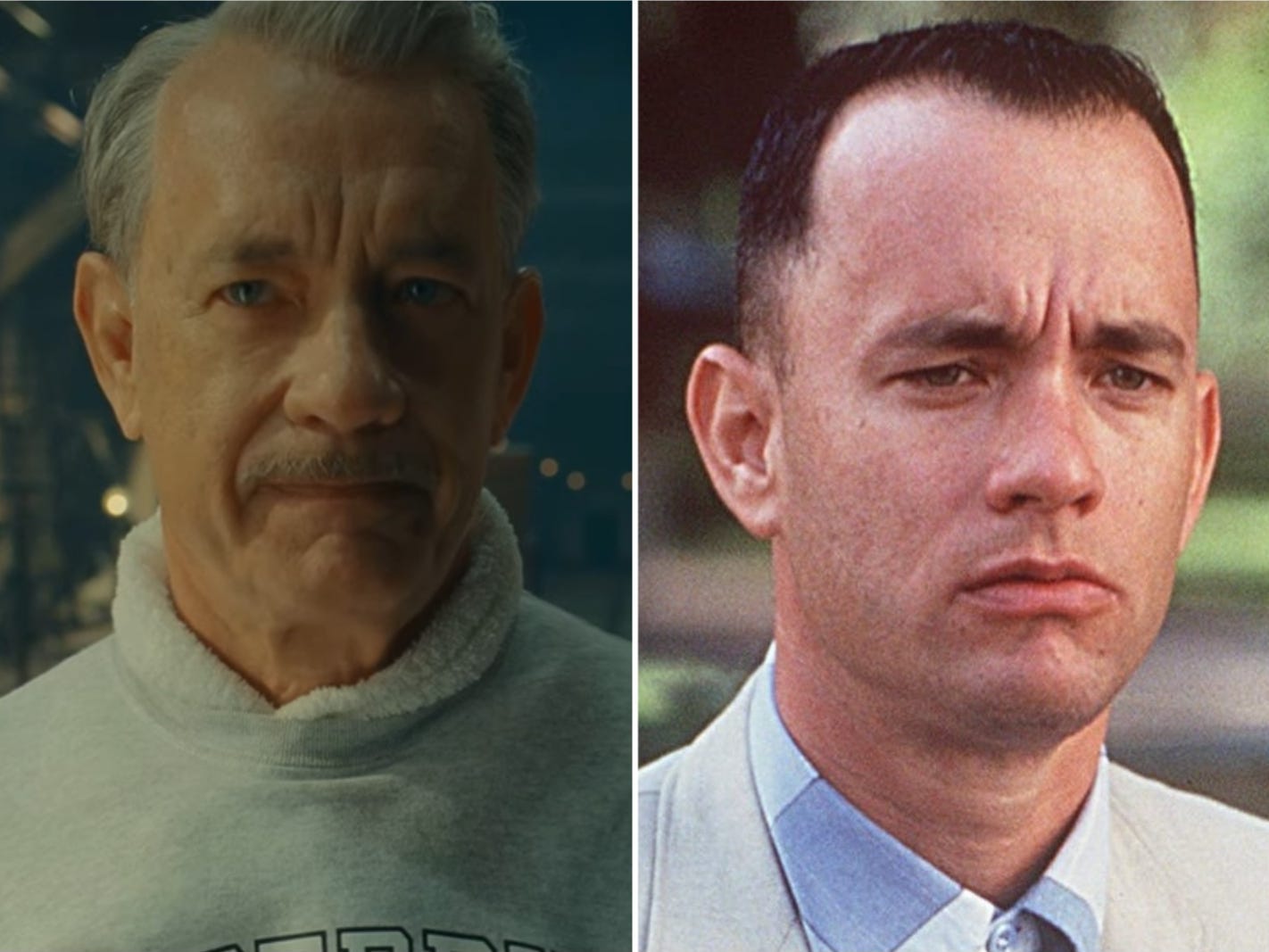 A composite image showing Tom Hanks in "The Phoenician Scheme" side-by-side with a picture of him in "Forrest Gump."