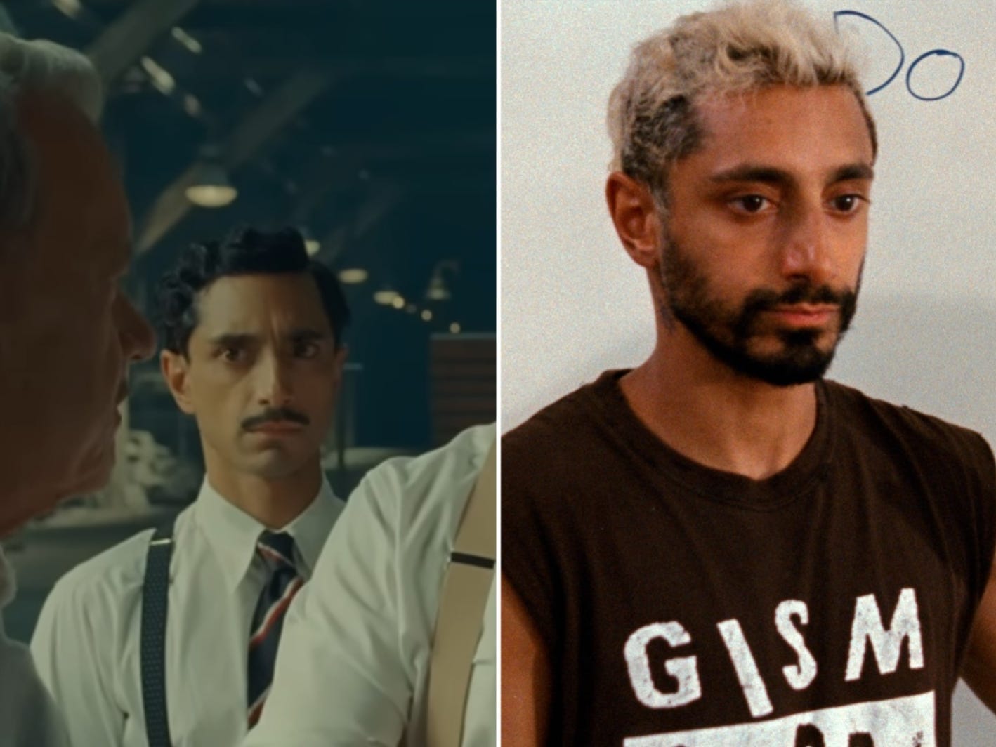 A composite image showing Riz Ahmed in "The Phoenician Scheme" side-by-side with a picture of him in "Sound of Metal."
