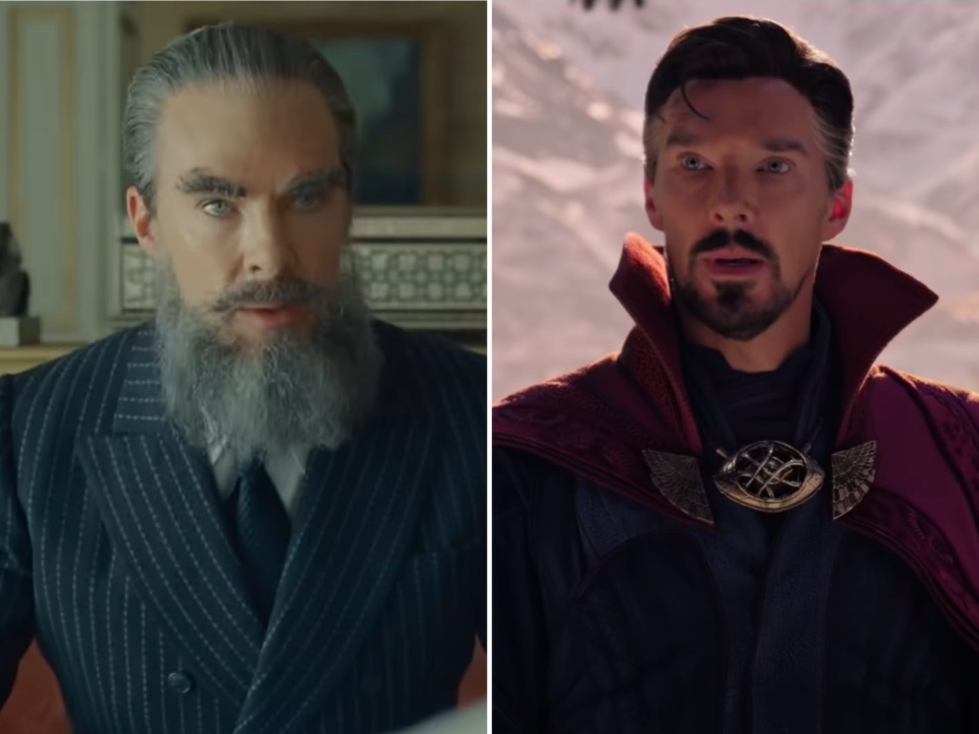 A composite image showing Benedict Cumberbatch in "The Phoenician Scheme" side-by-side with a picture of him in "Doctor Strange in the Multiverse of Madness."