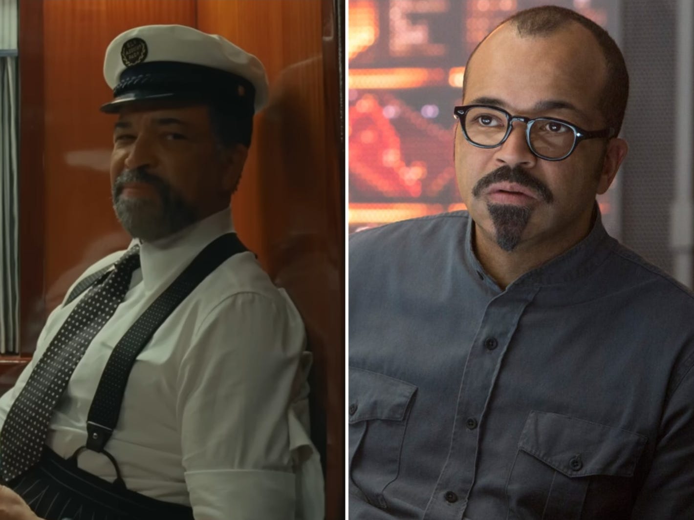 A composite image showing Jeffrey Wright in "The Phoenician Scheme" side-by-side with a picture of him in "The Hunger Games: Mockingjay - Part 1."