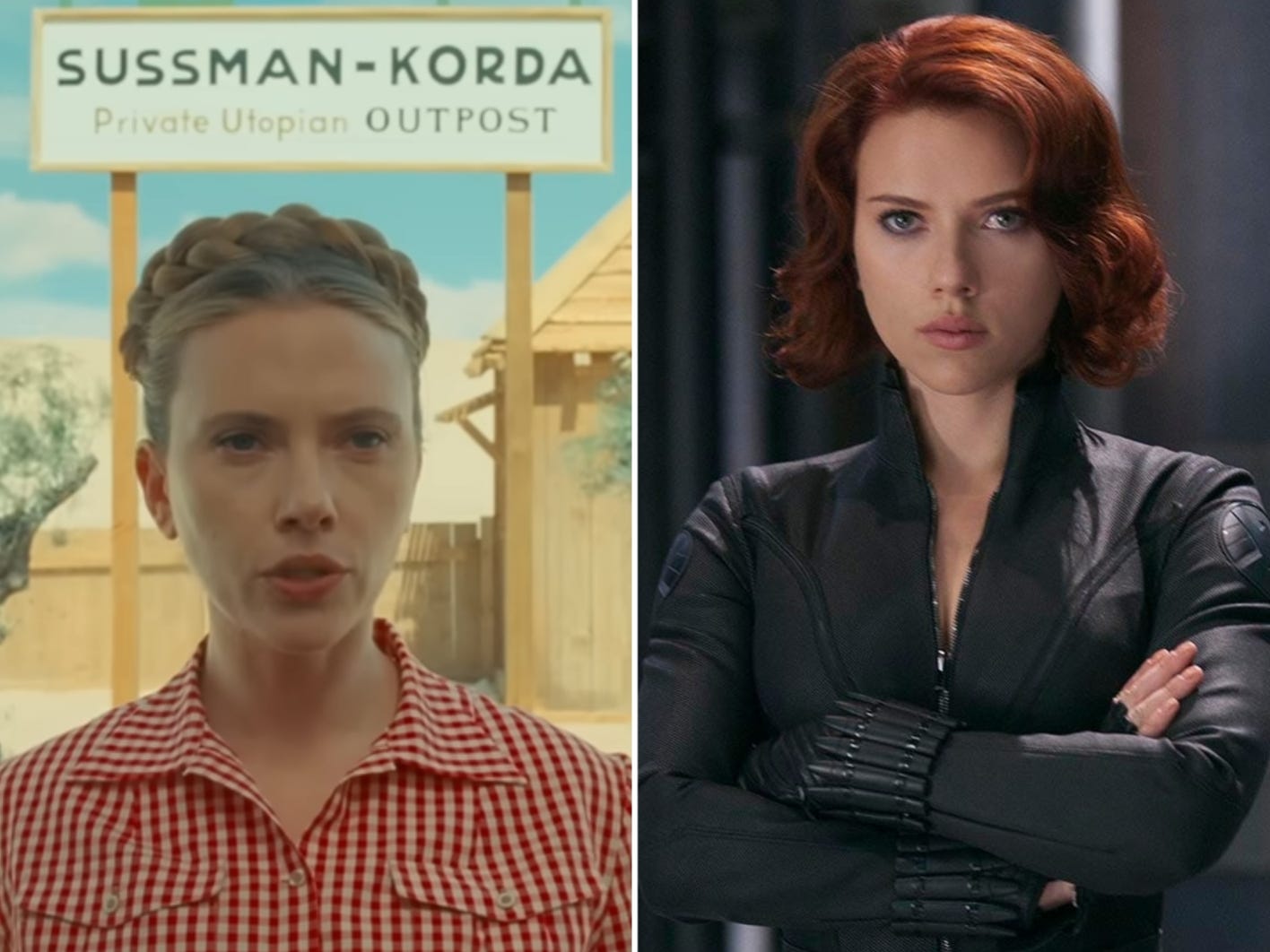 A composite image showing Scarlett Johansson in "The Phoenician Scheme" side-by-side with a picture of her in "The Avengers."